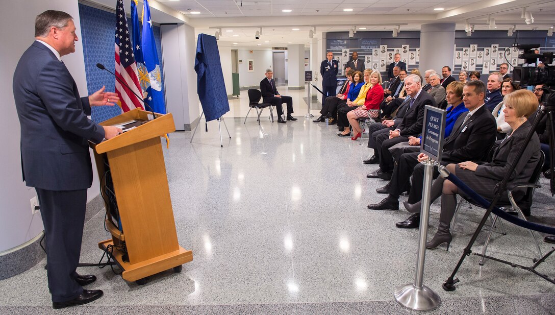 Secretary of the Air Force Michael Donley presides over the unveiling of the official portrait of former Air Force Chief of Staff of the Air Force retired Gen. Norton Schwartz during a ceremony held in the Pentagon, Washington, D.C., on Jan. 8, 2013. The portrait painted by artist Michele Rushworth will be on display in the Pentagon's Arnold Corridor alongside the portraits of the other former chiefs of staff of the Air Force. (U.S. Air Force photo/Jim Varhegyi)