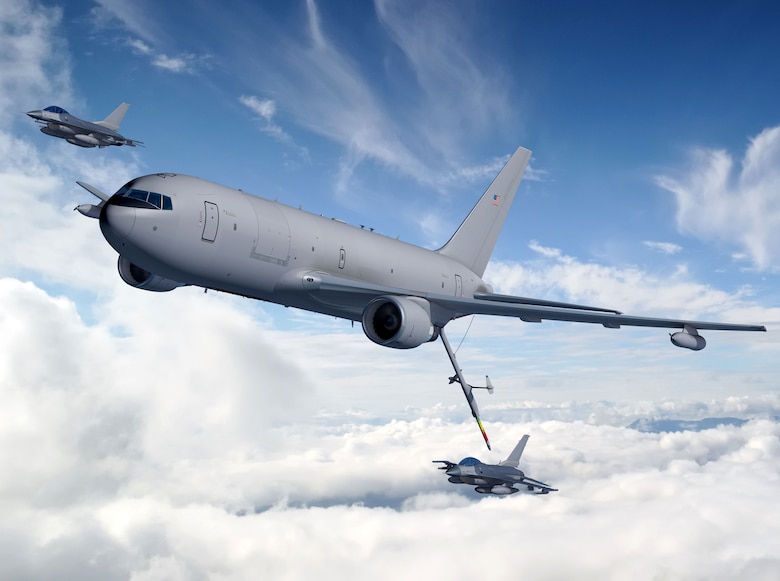 An artist's rendering of a KC-46A refueling F-16 Fighting Falcons (photo courtesy the Boeing Company)
