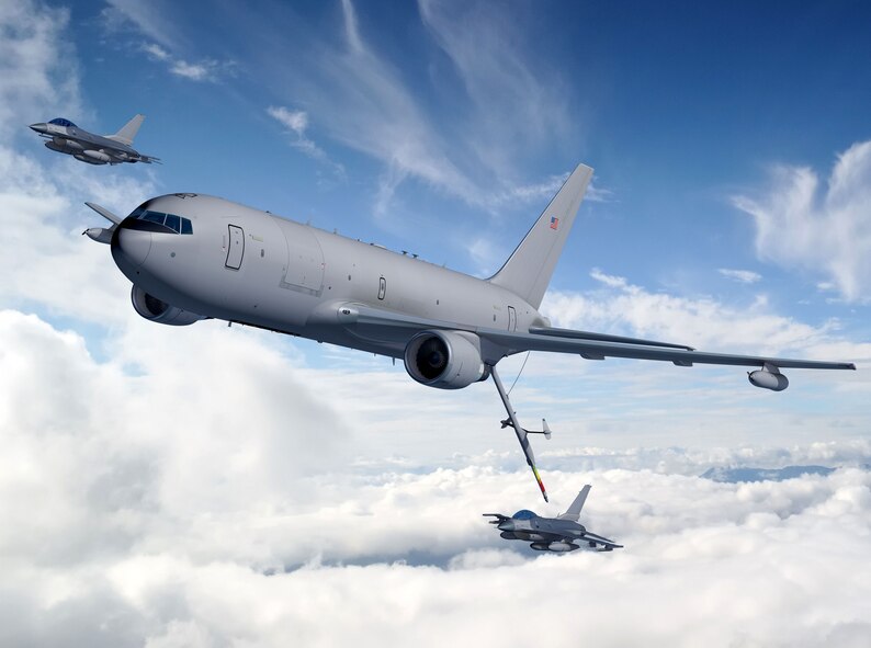 An artist's rendering of a KC-46A refueling F-16 Fighting Falcons (photo courtesy the Boeing Company)