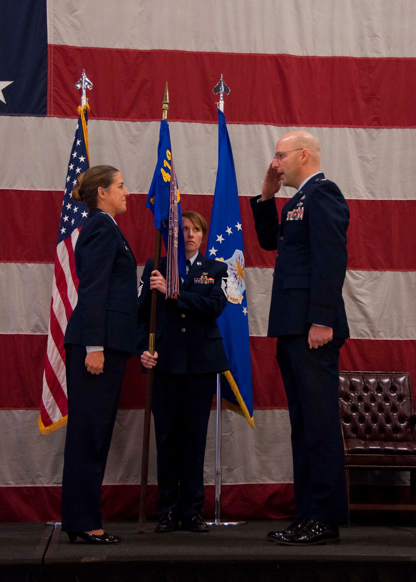 Maj. Paul Hubenthal salutes Lt. Col. Melani Howard, 419th Mission Support Group deputy commander, as he takes command of the 419th Force Support Squadron here Sunday. (U.S. Air Force photo/Senior Airman Crystal Charriere) 
