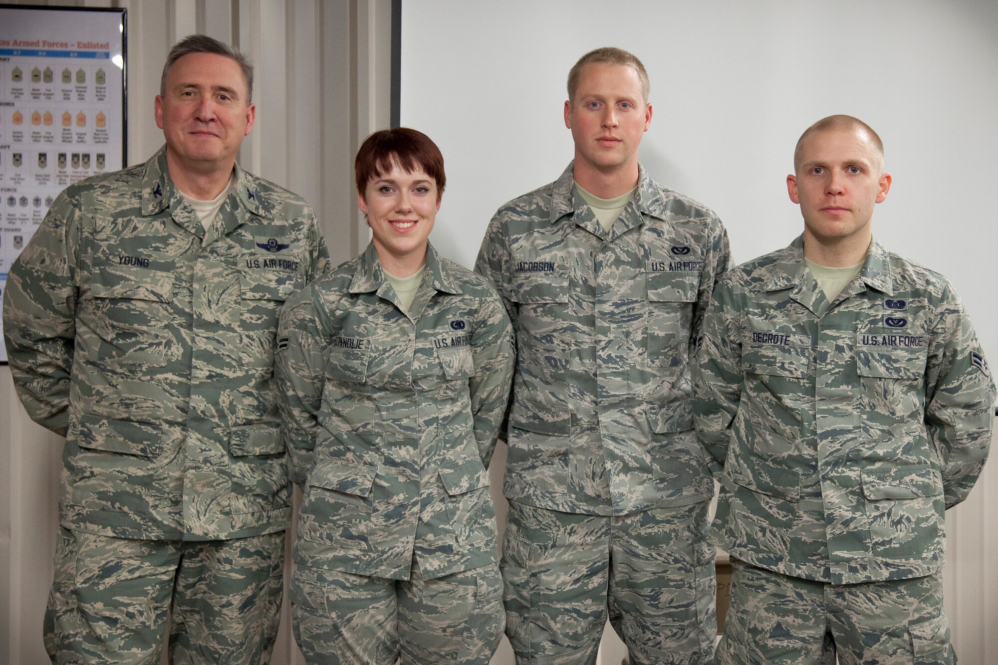 Col. Darrell G. Young congratulates honor graduates Airmen 1st Class Debra Strandlie, Derek Degrote, and Thomas Jacobson as they return to the 934th Airlift Wing from training.  The graduates participated in the Developmental Training Flight before leaving for basic training, which they credit for helping them achieve honors.  (U.S. Air Force Photo/Shannon McKay)