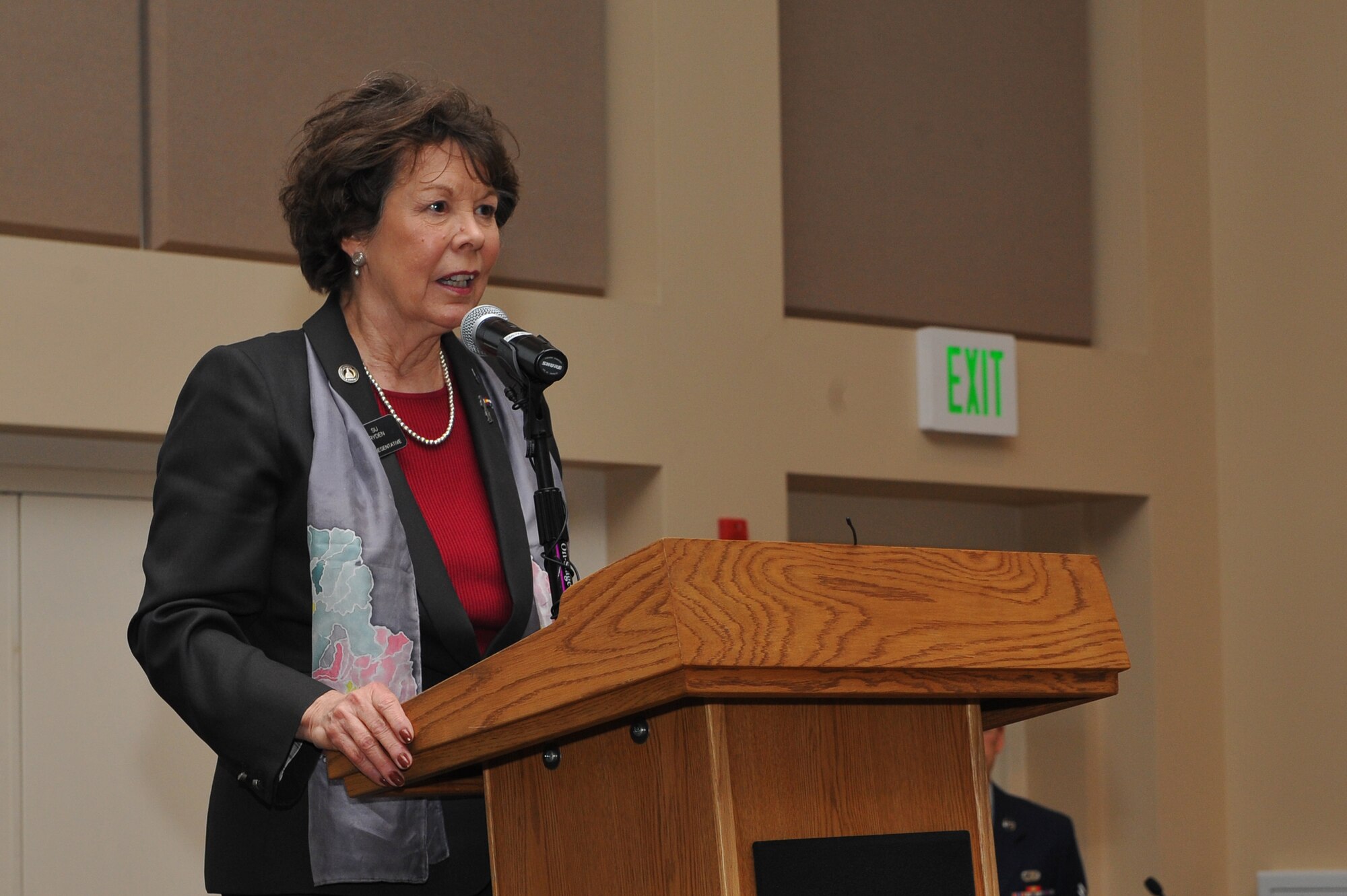 BUCKLEY AIR FORCE BASE, Colo. – Representative Su Ryden, Colorado House of Representatives, speaks briefly after receiving a Community Hero of Buckley award Jan. 8, 2013, during a luncheon at the Leadership Development Center. Ryden received this award for her lobbying of support for Buckley to the state. (U.S. Air Force Photo by Airman 1st Class Phillip Houk)