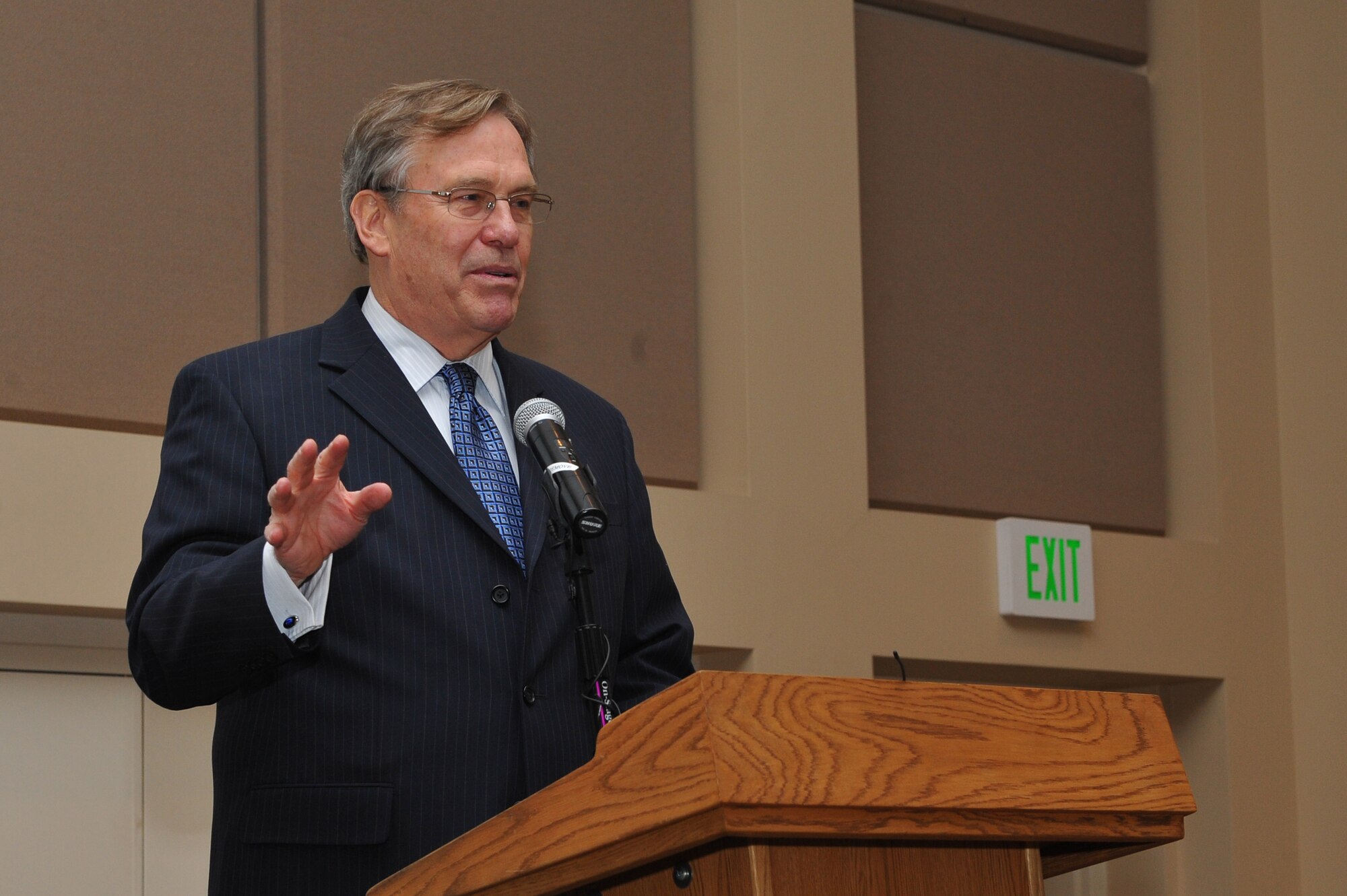 BUCKLEY AIR FORCE BASE, Colo. – George Peck, Aurora Chamber of Commerce staff vice president, gives a speech after receiving a Community Hero of Buckley award Jan. 8, 2013, during a luncheon at the Leadership Development Center. Peck received this award for his continued support of Buckley, its service members and their families. (U.S. Air Force photo by Airman 1st Class Phillip Houk)