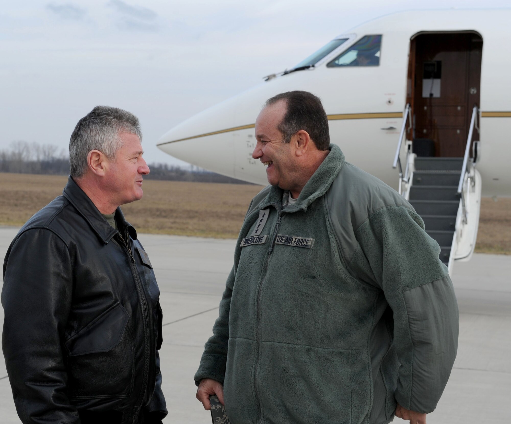 PAPA AIR BASE, Hungary -- Gen. Philip M. Breedlove, U.S. Air Forces in Europe and Air Forces Africa commander, greets Brig. Gen. Albert Safar, Hungarian air force commander here during a base visit Jan. 7, 2013. The purpose of the visit was for Breedlove to meet with the multi-national team and U.S. Airmen assigned to the Heavy Airlift Wing. U.S. AIr Force Photo by Capt. William Russell