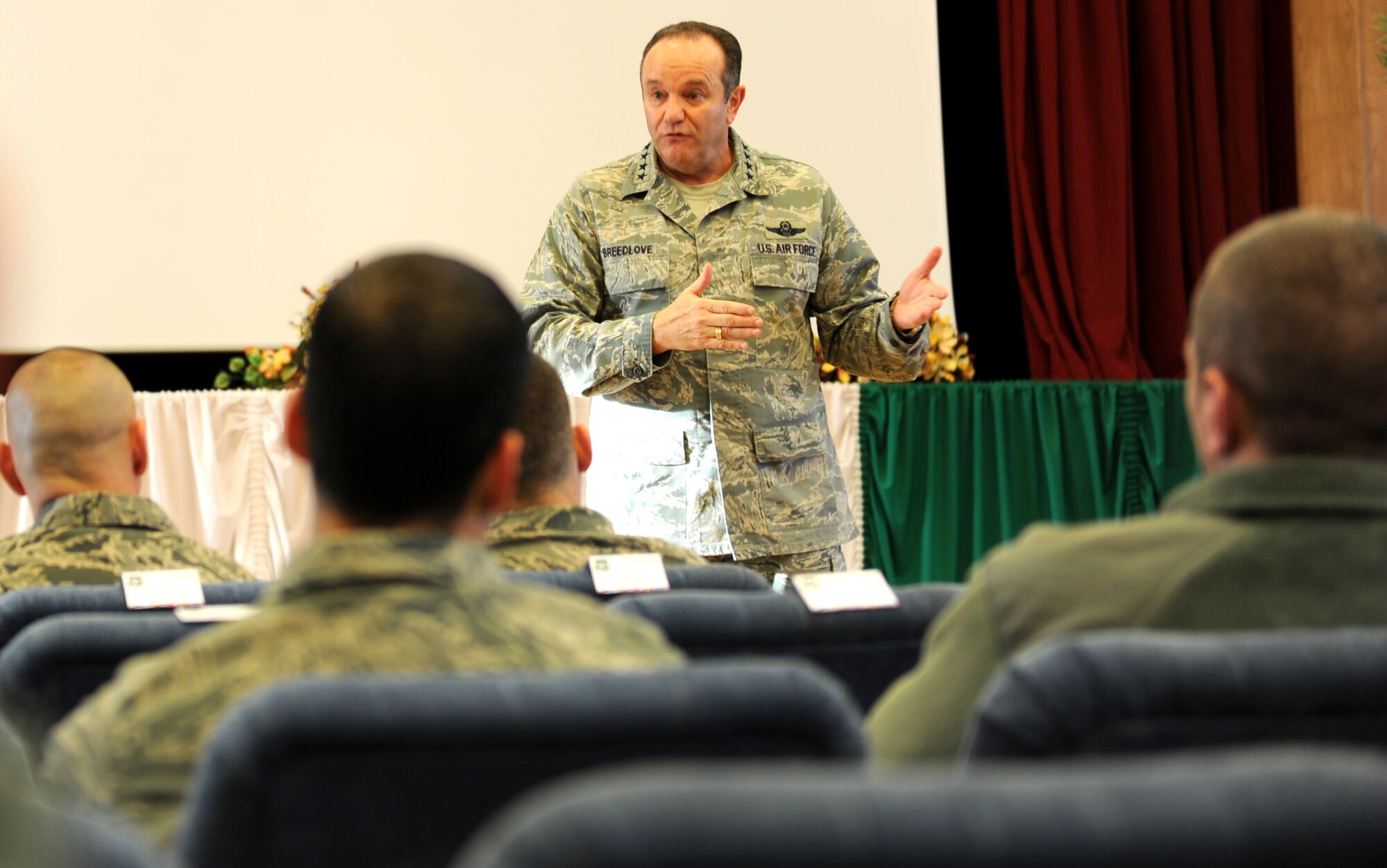 PAPA AIR BASE, Hungary -- Gen. Philip M. Breedlove, U.S. Air Forces in Europe and Air Forces Africa commander, addresses U.S. Airmen here about the importance of being a sensor when it comes to preventing sexual assaults and suicides during a base visit Jan. 7, 2013. The general visited the base to meet with the multi-national team and U.S. Airmen assigned to the Heavy Airlift Wing. U.S. AIr Force Photo by Capt. William Russell