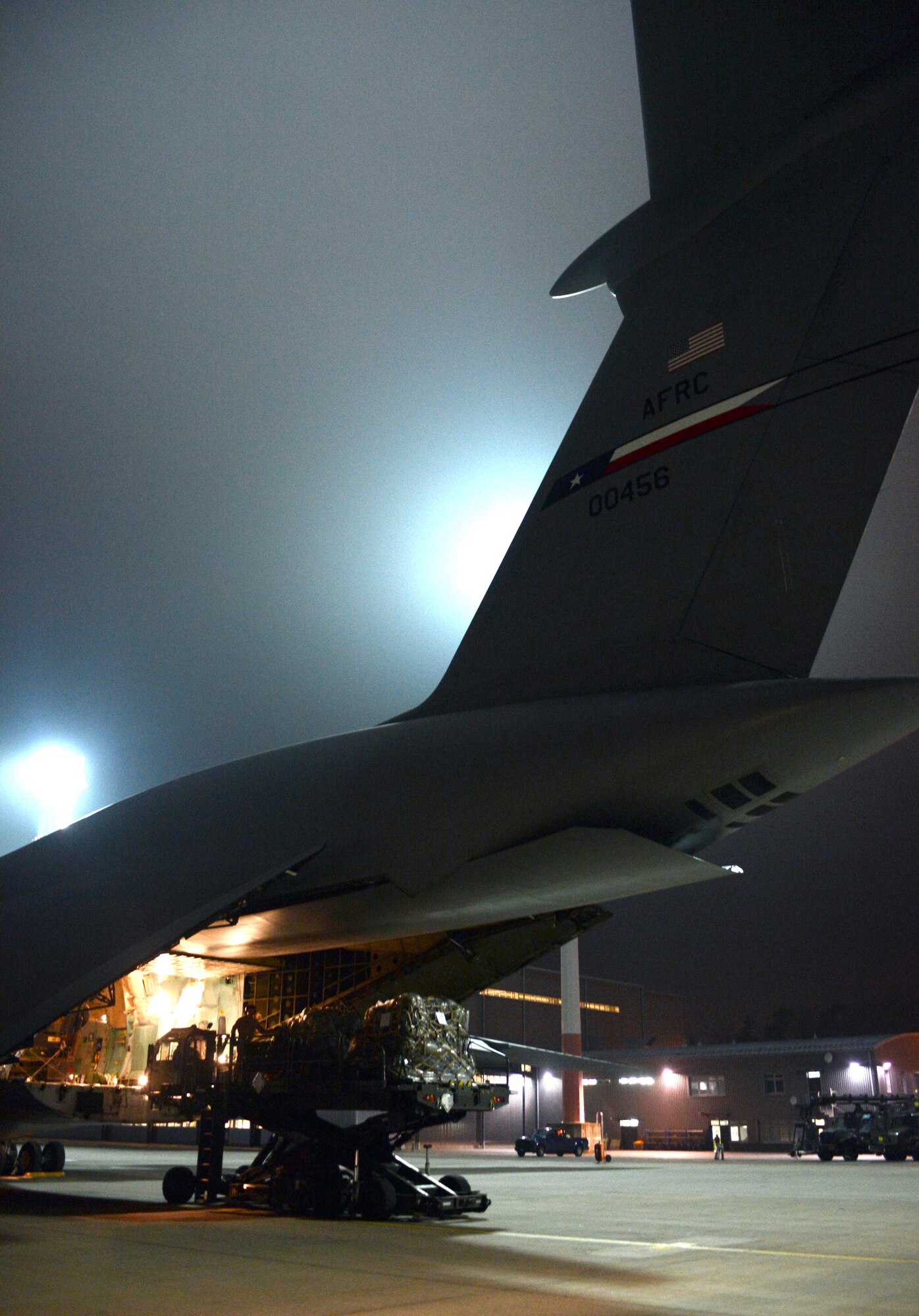 Cargo is loaded onto a C-5 Galaxy at Ramstein Air Base, Germany, Jan. 9, 2013. The 10th Army Air and Missile Defense Command forces will support the NATO led coalition that will augment Turkey’s air defense capabilities and contribute to the de-escalation of the crisis along the border. (U.S. Air Force photo/Senior Airman Caitlin O’Neil-McKeown)