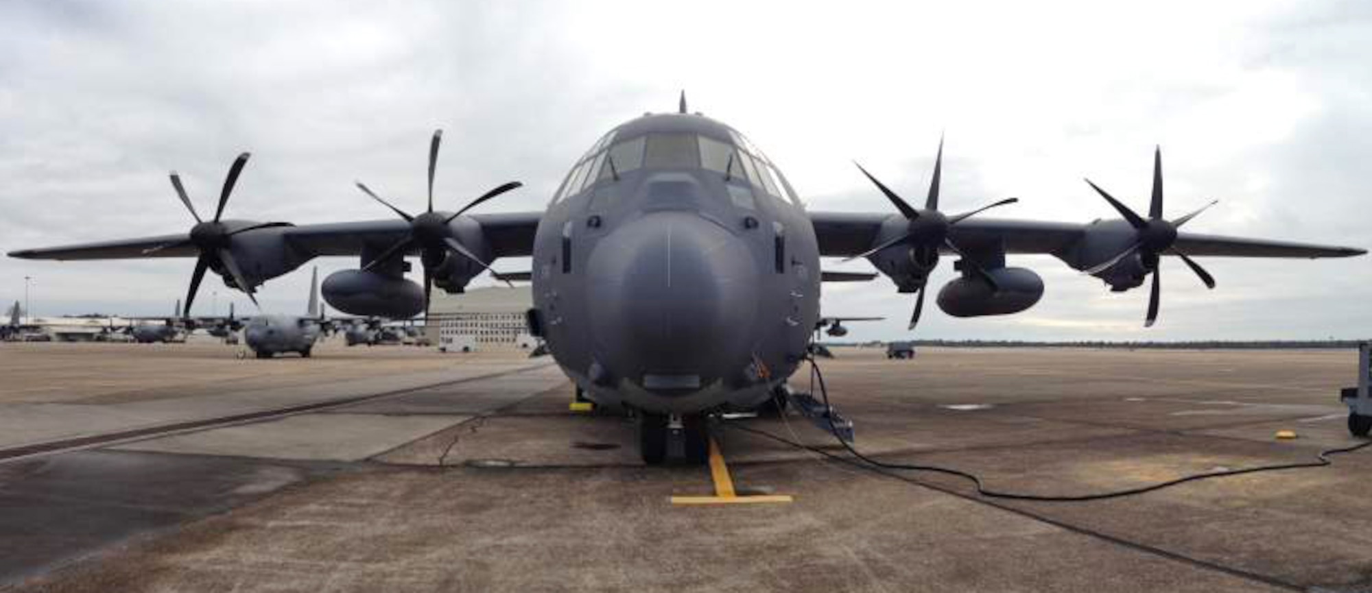 The first MC-130J to be converted into Air Force Special Operations Command’s newest variant of the gunship, the AC-130J Ghostrider, arrives at Eglin Air Force Base, Fla., Jan. 3, 2013. Modifications to the airframe will be completed in ten months and will be a milestone in the recapitalization of the AC-130H/U fleet. (Courtesy photo)
