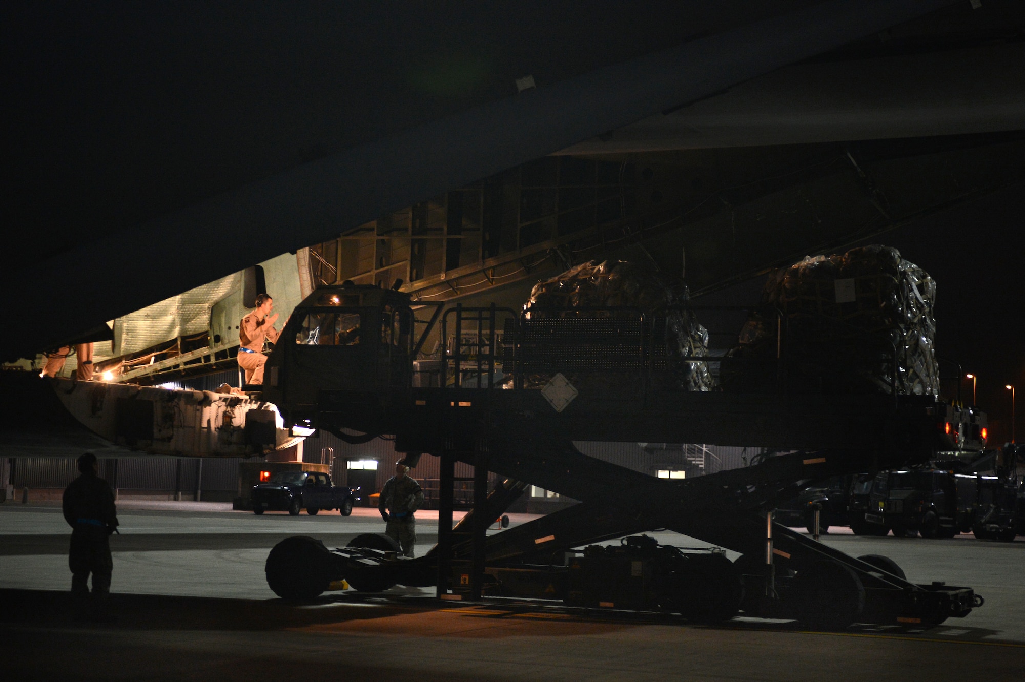 Cargo is loaded onto a C-5 Galaxy at Ramstein Air Base, Germany, Jan. 9, 2013. The 10th Army Air and Missile Defense Command forces will support the NATO led coalition that will augment Turkey’s air defense capabilities and contribute to the de-escalation of the crisis along the border. (U.S. Air Force photo/Senior Airman Caitlin O’Neil-McKeown)