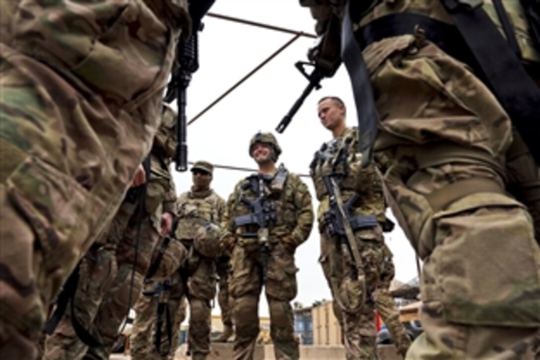 U.S. troops conduct a mission brief before departing for a leadership meeting in Farah City, Afghanistan, Jan. 8, 2013. The soldiers, assigned to Provincial Reconstruction Team Farah, met with members of the Provincial Joint Secretariat Team to discuss peace initiatives in the province.