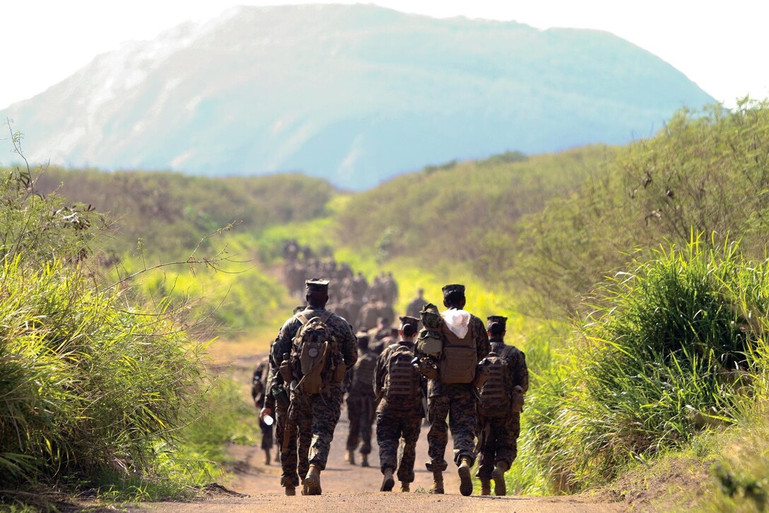 Marines and sailors hike to Mount Suribachi on Iwo To Dec. 19 during a professional military education tour. "I overheard Marines talking about how much they appreciate the opportunity to be here and reflect on the history," said Col. Walter T. Anderson. "For the majority of the Marines, it was their first time coming out here, and we wanted to focus not only on the battle itself, but the logistics of the battle." The Marines and sailors are with 3rd Marine Logistics Group, III Marine Expeditionary Force. The Japanese government reverted the name of the island on which the battle was fought to its pre-World War II name of Iwo To in 2007. Anderson is the assistant chief of staff, G-3, operations and training, 3rd MLG, III MEF.