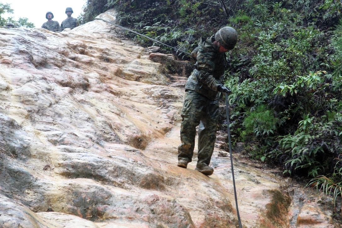 Marines conduct hasty rappel training at the Jungle Warfare Training Center on Camp Gonsalves Jan. 8. The training conducted increases proficiency in the jungle environment and enhances mission readiness. The hasty rappelling class is one of many conducted during the nine-day course which runs Jan. 7-15. The Marines are with 1st Battalion, 3rd Marine Regiment, currently assigned to 4th Marine Regiment, 3rd Marine Division, III Marine Expeditionary Force, under the unit deployment program. 