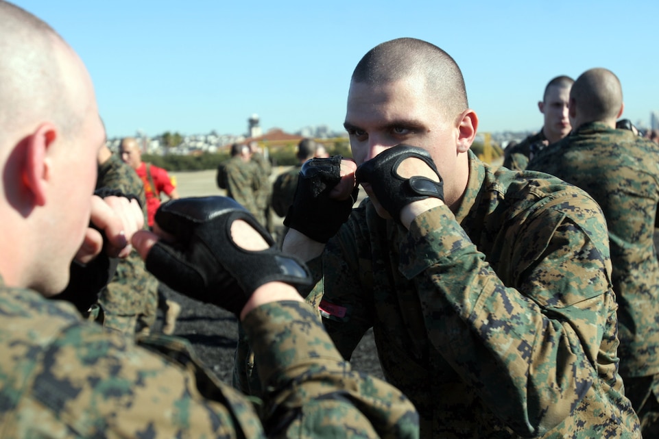 Recruits of Company C, 1st Recruit Training Battalion, practice tan belt Marine Corps Martial Arts techniques aboard Marine Corps Recruit Depot San Diego Jan. 7. Recruits were given a MCMAP class focused on lower body strikes. 