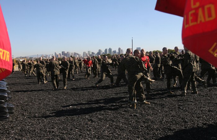 Recruits of Company C, 1st Recruit Training Battalion, practice their Marine Corps Martial Arts techniques aboard Marine Corps Recruit Depot San Diego Jan. 7. Drill instructors supervised to ensure recruits executed proper form and technique.

