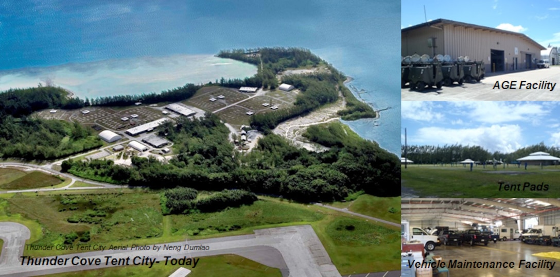 A combination of photos taken in 2012 and 2013 showing a Thunder Cove aerial view, aerospace ground equipment facility, tent pads and vehicle maintenance facility maintained by the Airmen of 36th Mission Support Group Detachment 1, Diego Garcia. The last group to live in Thunder Cove departed Diego Garcia in 2006; however, the work of maintaining the grounds and the WRM equipment continues. (Air Force Courtesy Photo)