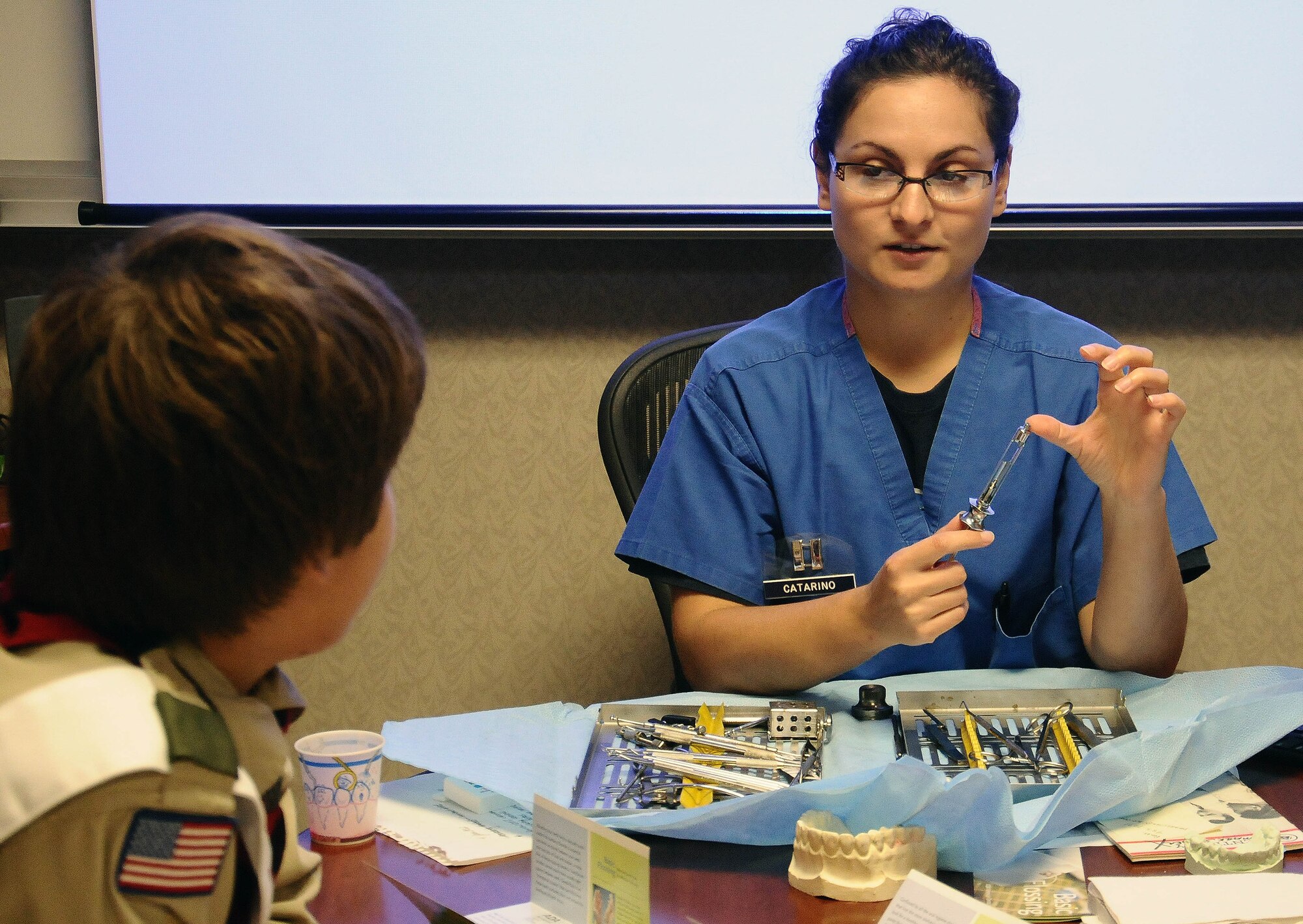 Capt. Nicole Catarino, 36th Medical Group dental officer, explains the importance of oral health during a presentation to Boy Scouts Troop 20 at Andersen Air Force Base, Guam, Jan. 4. The Boy Scouts attended the presentation to gain awareness and recognize the importance of good dental habits at an early age. February is National Children’s Dental Health Month. (U.S. Air Force photo by Airman 1st Class Mariah Haddenham/Released)