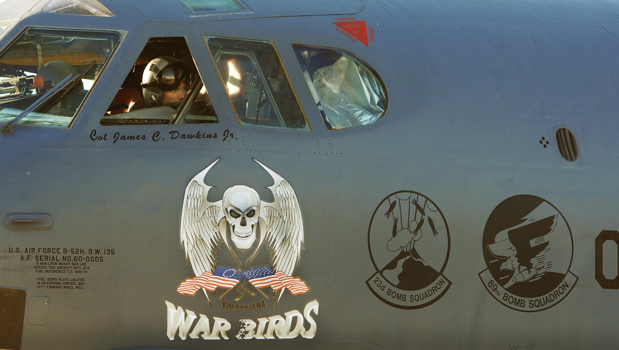 MINOT AIR FORCE BASE, N.D. -- Col. James Dawkins Jr., 5th Bomb Wing commander, lands a B-52H Stratofortess during his “fini-flight” here Jan. 7. The “fini-flight” is the final flight taken by an aircrew member at their current assignment. It is Air Force tradition to have family, friends and Airmen from the wing, toast the departing aircrew member and hose them down with water as they debark the aircraft. (U.S. Air Force photo/Senior Airman Brittany Y. Auld)