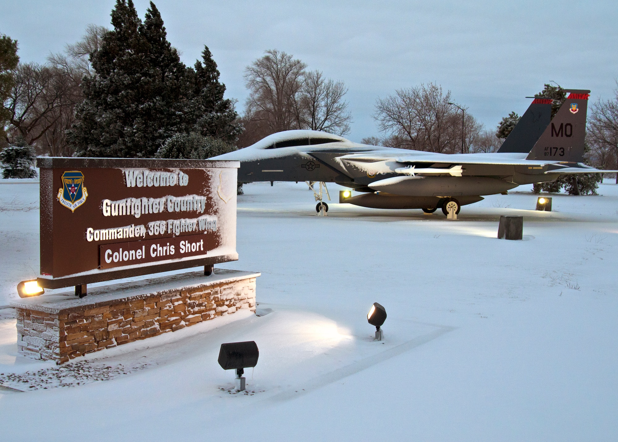Mountain Home Air Force Base was blanketed with snow Jan. 10, 2013 as Storm Gandalf passed over. An ongoing readiness exercise was paused temporarily due to the storm. (U.S. Air Force photo/Master Sgt. Kevin Wallace/RELEASED)