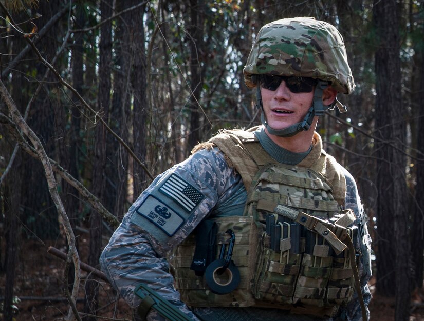 Staff Sgt. Devin Long, 628th Civil Engineer Squadron explosive ordnance disposal technician, participates in a routine training exercise Jan. 8, 2013, at Joint Base Charleston - Air Base, S.C. The training prepares EOD members for the tasks involved with finding explosive devices in remote areas during deployments. (U.S. Air Force photo/Airman 1st Class Ashlee Galloway)