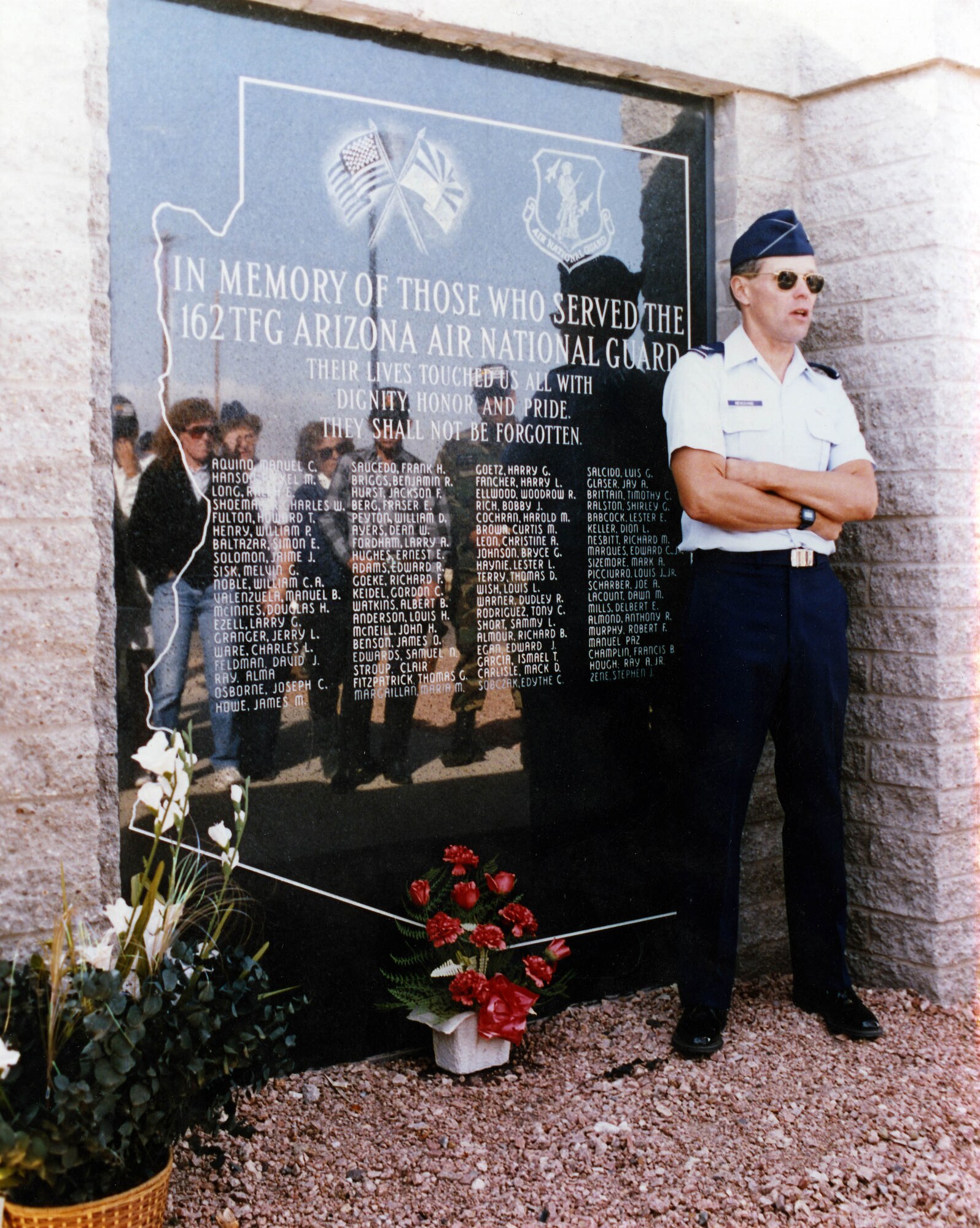 The 162d Fighter Wing memorial’s original location was in the air park on base. Pictured is Brig. Gen. (ret.) Joseph Mensching, previous 162nd Fighter Wing commander. (U.S. Air Force photo/Master Sgt. David Neve)