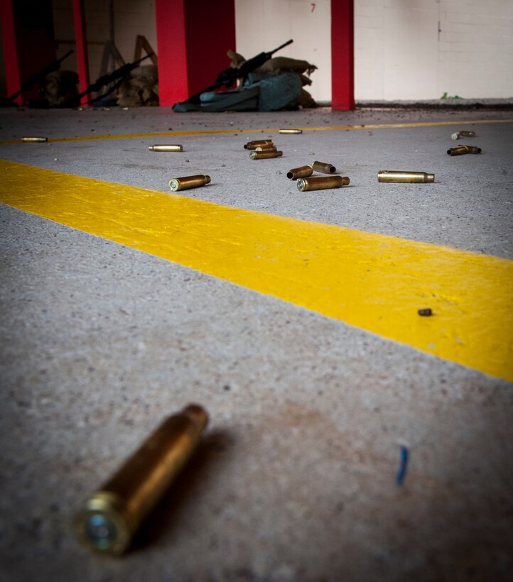 Spent rifle rounds lay scattered about the floor awaiting clean up and recycling at the firing range on Laughlin Air Force Base, Texas, Jan. 8, 2013. Laughlin produced more than 2,000 pounds of spent brass last year that when recycled earned the base recycling program $3,100. (U.S. Air Force photo/Airman 1st Class Nathan Maysonet)