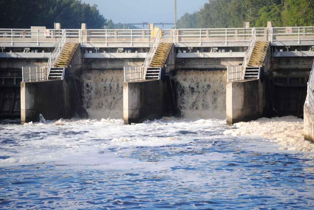 Water flows through the gates of the St. Lucie Lock in late September, as Jacksonville District started discharges from Lake Okeechobee to stem the rapid rise in lake levels after Tropical Storm Isaac.  The releases began Sept. 19 and continued until early November. 