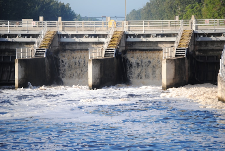 Water flows through the gates of the St. Lucie Lock in late September, as Jacksonville District started discharges from Lake Okeechobee to stem the rapid rise in lake levels after Tropical Storm Isaac.  The releases began Sept. 19 and continued until early November. 