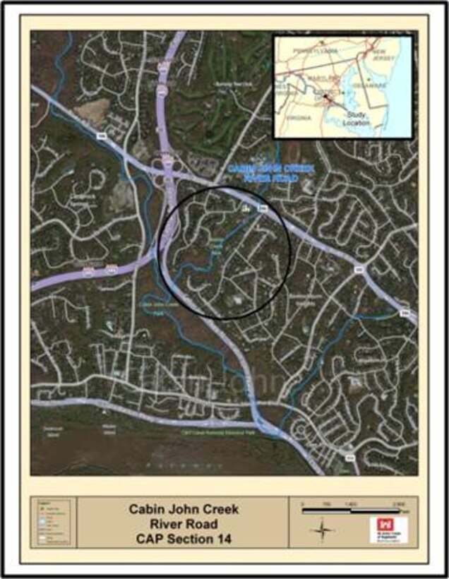 Location map for Cabin John Creek at River Road, Montgomery County, MD