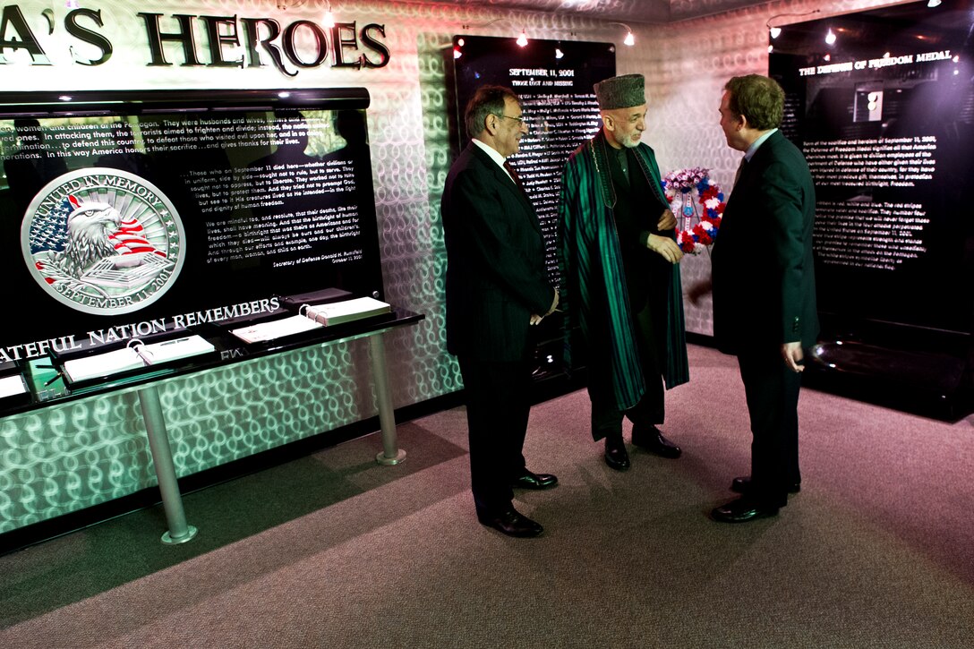 U.S. Defense Secretary Leon E. Panetta tours the Pentagon 9/11 Memorial Chapel with Afghanistan's President Hamid Karzai and James J. Laychak, president, Pentagon Memorial Fund, Jan. 10, 2013.