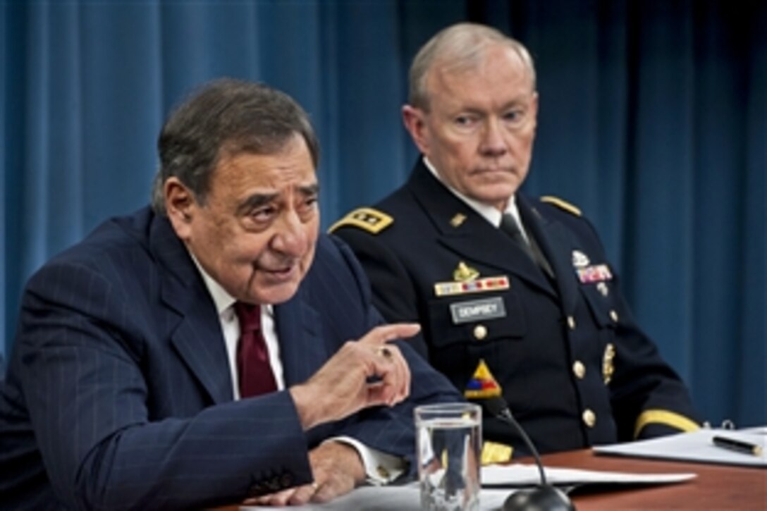 Defense Secretary Leon E. Panetta and Army Gen. Martin E. Dempsey, chairman of the Joint Chiefs of Staff, brief the press at the Pentagon, Jan. 10, 2013. Panetta and Dempsey discussed the effects of sequestration if it were to take effect at the end of March.
