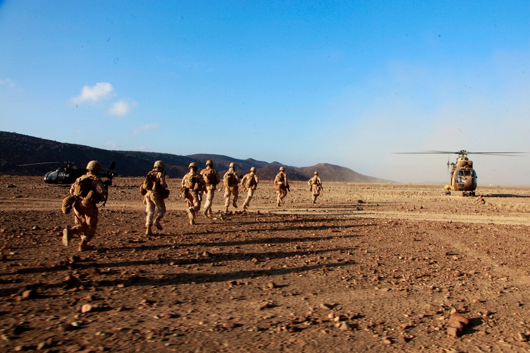 Exercise Amitie, which is French for friendship exercise, is a multinational training exercise designed to increase interoperability, enhance mutual capabilities and support a sustained presence in the region. During Amitie, elements from the 15th MEU participated in a three-day mounted patrol, land and water obstacle courses, aviation-related evolutions and joint planning. The training was led by the French 5th Marine Regiment and included elements from the 15th Marine Expeditionary Unit, French Foreign Legion, U.S. Army, U.S. Air Force and Djiboutian military. The 15th MEU is deployed as part of the Peleliu Amphibious Ready Group as a U.S. Central Command theater reserve force, providing support for maritime security operations and theater security cooperation efforts in the U.S. 5th Fleet area of responsibility. (U.S. Marine Corps photo by Cpl. John Robbart III)