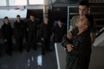 Lance Cpl. Jacob H. Schiros [rear], a swim qualification coordinator for Combat Logistics Regiment 27, 2nd Marine Logistics Group, gives a Marine instructions before he stepped off the high tower during the unit’s swim qualification aboard Camp Lejeune, N.C., Jan. 8, 2013. In the basic qualification, Marines stepped off the high tower keeping their arms crossed and eyes level with the horizon while making a full 30-inch step to move on to the next test. 
