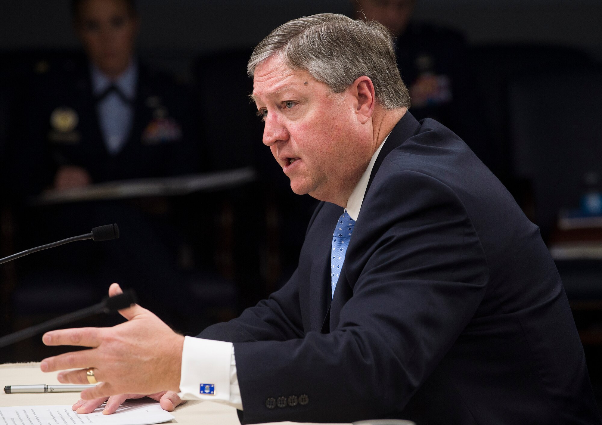 Secretary of the Air Force Michael Donley answers a reporter's question during a press briefing at the Pentagon, Jan. 11, 2013, Washington, D.C. Donley and Air Force Chief of Staff Gen. Mark A. Welsh III talked about the state of the Air Force and the importance of balancing the force structure, today’s readiness and modernization for the future. (U.S. Air Force photo/Jim Varhegyi)