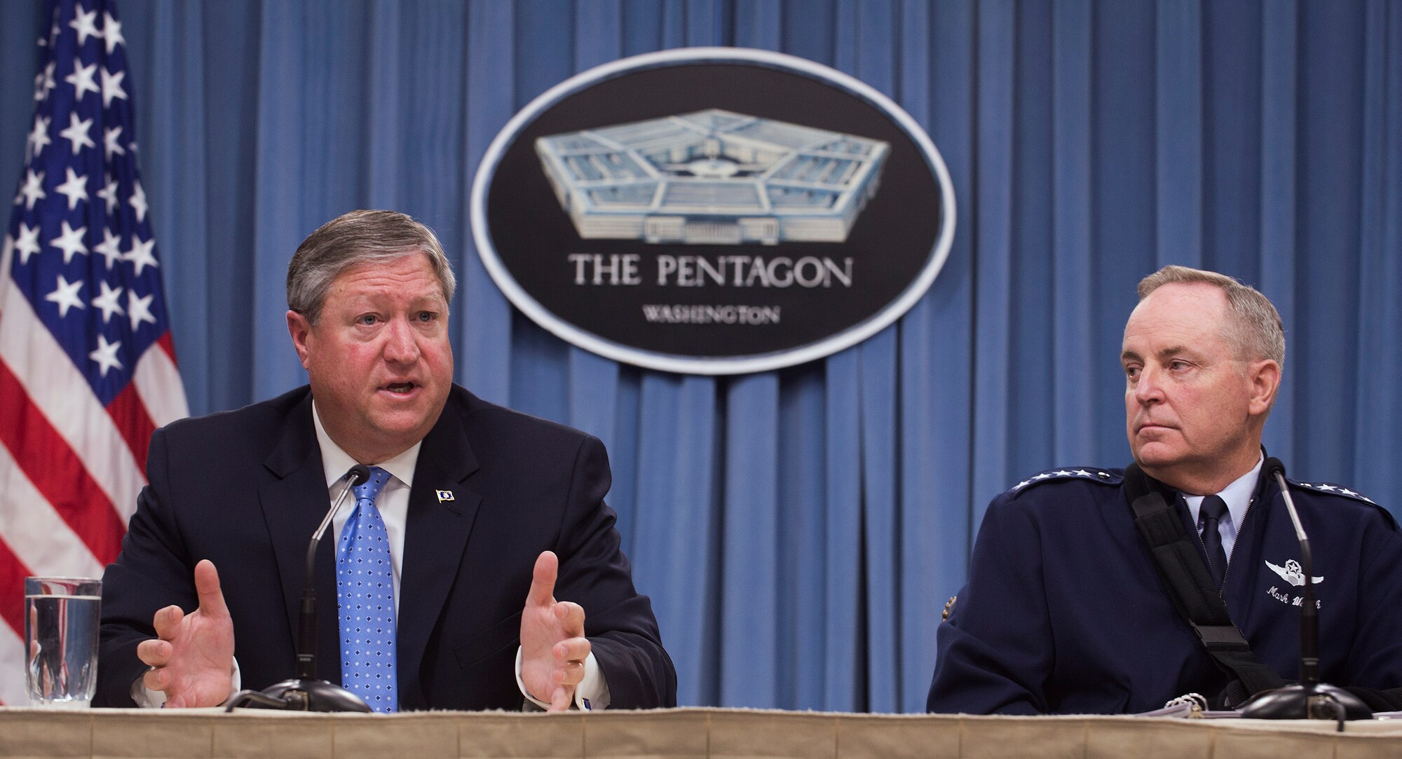 Secretary of the Air Force Michael Donley answers a reporter's question as Air Force Chief of Staff Gen. Mark A. Welsh III looks on during a press briefing at the Pentagon, Jan. 11, 2013, Washington, D.C. Donley and Welsh talked about the state of the Air Force and the importance of balancing the force structure, today’s readiness and modernization for the future. (U.S. Air Force photo/Jim Varhegyi)