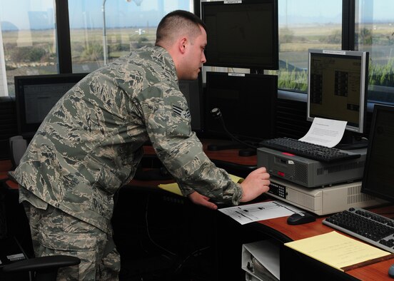 Senior Airman Cameron Lyon, 9th Security Forces Squadron base defense operations center controller, dispatches units to a fire alarm on Beale Air Force Base, Calif., Jan. 10, 2013. Lyon is in charge of dispatching units to any location when needed. (U.S. Air Force photo by Senior Airman Allen Pollard/Released)