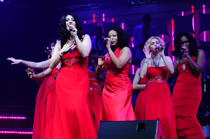 Members of the Tops in Blue perform Jan. 9, 2013, at the North Charleston Performing Arts Center, S.C. Composed of 35 to 40 vocalists, musicians, dancers and technicians, their primary mission is to perform for military personnel and their families throughout the world. (U.S. Air Force photo/ Airman 1st Class Chacarra Walker)
