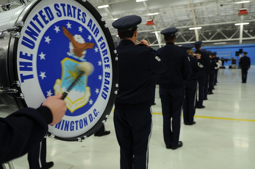 The U.S. Air Force Band plays “The Air Force Song” during rehearsal for the 57th Presidential Inaugural Parade, Jan. 10, 2013.  The USAF Band and Honor Guard held their rehearsal at Joint Base Andrews, Md.,. Approximately 15,000 personnel from 133 units throughout the military will be participating in the parade on January 21, 2013.  (U.S. Air Force photo/ Airman 1st Class Nesha Humes)(Released)