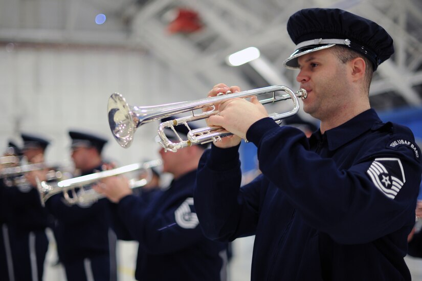 Master Sgt. Patrick McDermott, U.S. Air Force Band Ceremonial Brass trumpeter, plays during rehearsals for the 57th Presidential Inaugural Parade. The USAF Band and Honor Guard held their rehearsal at Joint Base Andrews, Md., January 11, 2013. Approximately 1,000 Airmen will support the inaugural events. (U.S. Air Force photo/Airman 1st Class Nesha Humes)(Released)