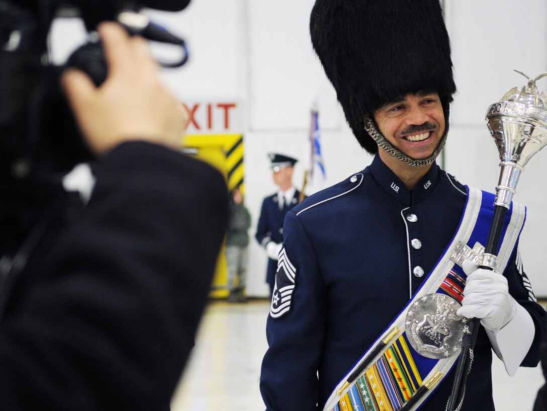 Chief Master Sgt. Edward Teleky, U.S. Air Force Band drum major, gives an interview on January 11, 2013 at Joint Base Andrews, Md. Teleky’s interview was held at the end of dress rehearsal rehearsal for the 57th Presidential Inaugural Parade.  (U.S. Air Force photo/Airman 1st Class Nesha Humes)(Released)