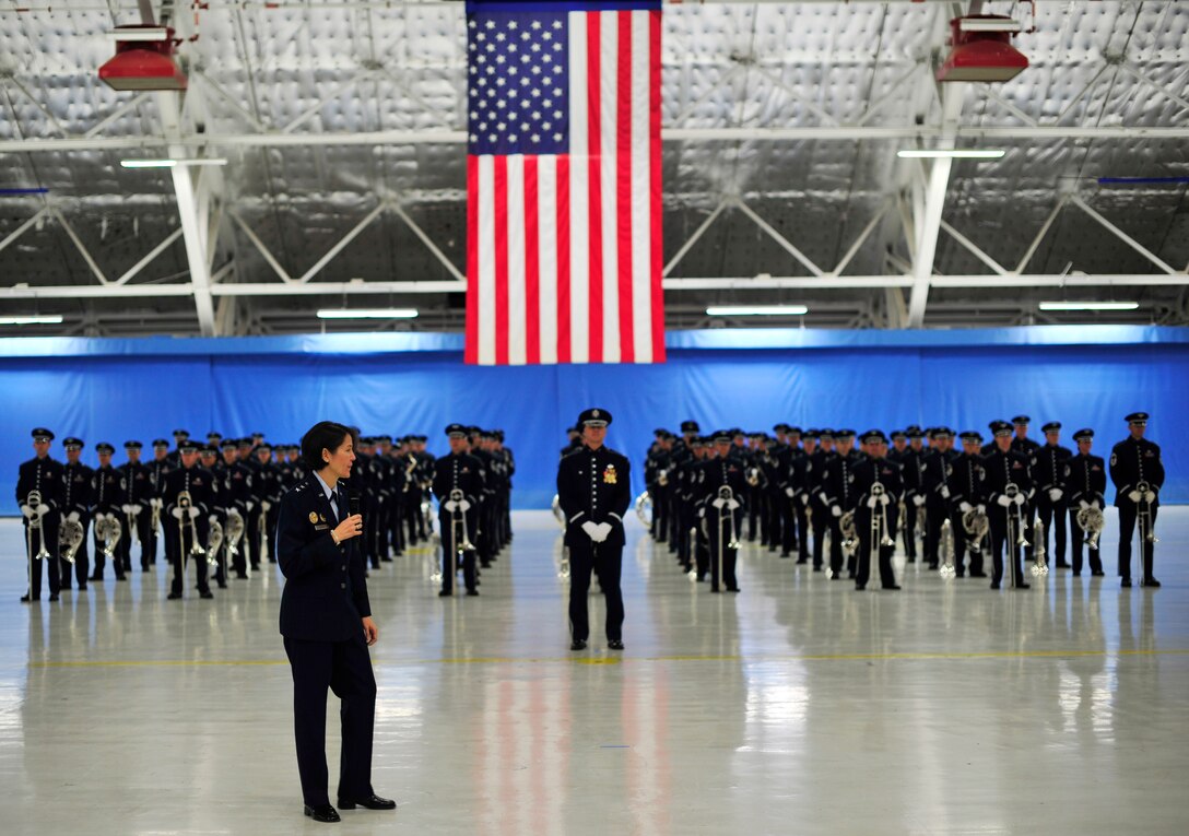 Maj. Gen. Sharon Dunbar, Air Force District of Washington Commander, speaks
at the Presidential Inauguration rehearsal at Joint Base Andrews, Md., Jan. 11, 2013. Joint Base Andrews members will be playing a vital role during the Inauguration as part of representing the United States Air Force.  (U.S. Air Force photo/Airman 1st Class Erin O'Shea)
