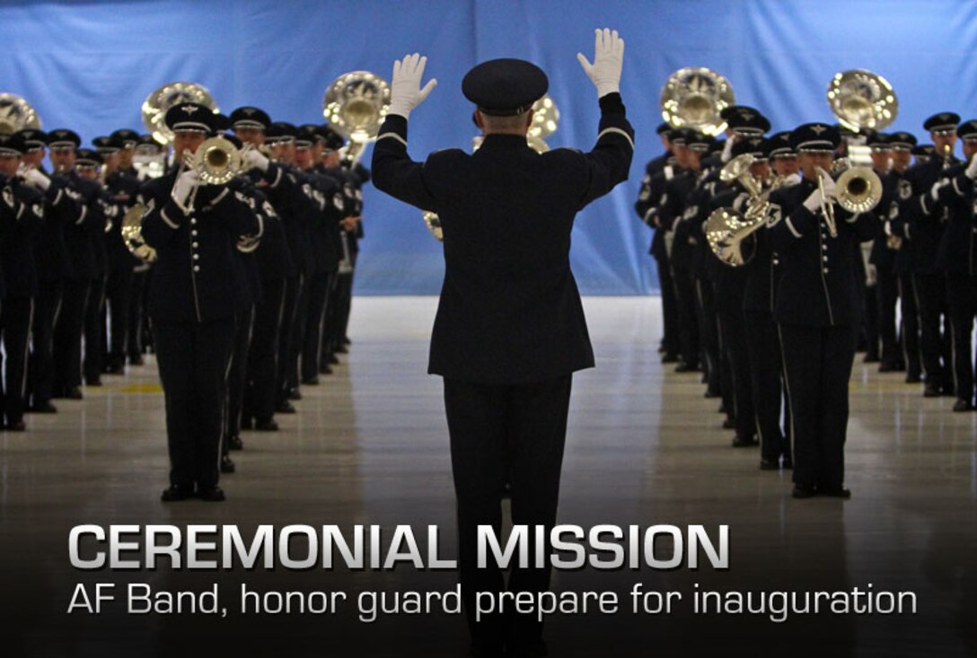 Col. Larry H. Lang conducts during a dress rehearsal for the Inaugural Parade at Joint Base Andrews, Md., Jan. 11, 2013. Colonel Lang is the commander of the U.S. Air Force Band. (DOD photo/Claudette Roulo) 