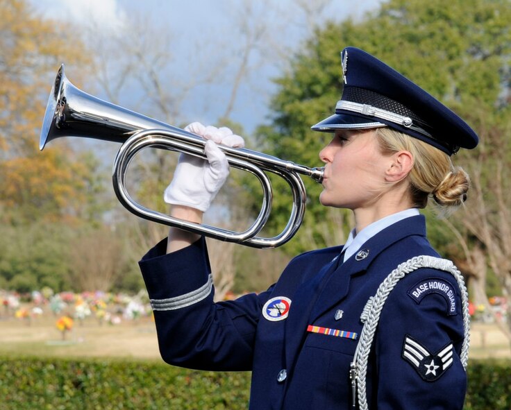 Senior Airman Amber Wingate, 2nd Medical Operations Squadron, plays "Taps" during the memorial service of Senior MSgt. Thomas Steward at Hill Crest Memorial Funeral Home, Bossier City, La., Jan. 10. The bugle call dates back to the late 1800s and signals that the duty day is done, but more importantly brings closure of the deceased's military career. (U.S. Air Force photo/Airman 1st Class Andrew Moua)