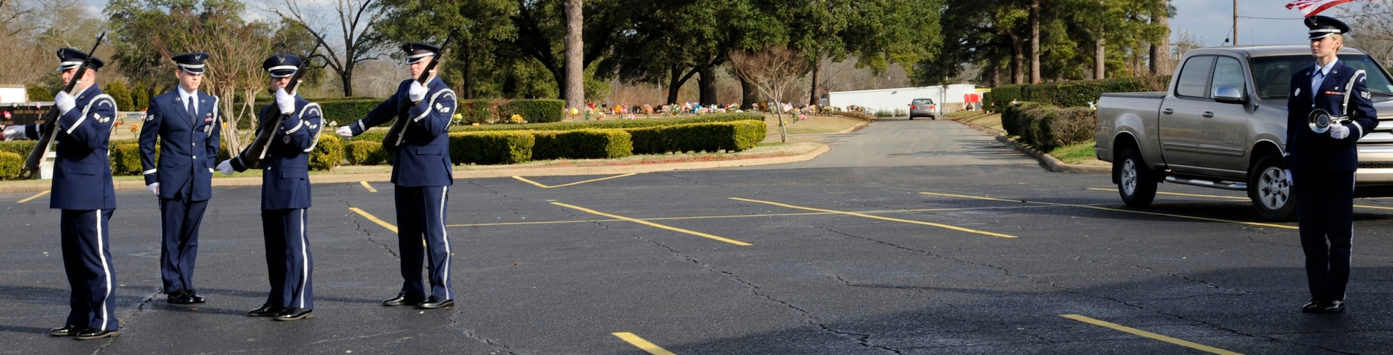 Honor Guardsmen from Barksdale Air Force Base, La., perform a 3-volley salute in honor of retired Senior MSgt. Thomas Steward at Hill Crest Memorial Funeral Home, Bossier City, La., Jan. 10. A tradition which dates back to the European dynastic wars, where fighting ceased to collect the dead, and three shots were fired which signaled the battle could resume. (U.S. Air Force photo/Airman 1st Class Andrew Moua)