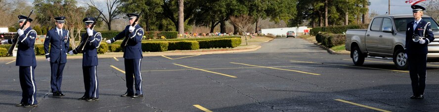 Honor Guardsmen from Barksdale Air Force Base, La., perform a 3-volley salute in honor of retired Senior MSgt. Thomas Steward at Hill Crest Memorial Funeral Home, Bossier City, La., Jan. 10. A tradition which dates back to the European dynastic wars, where fighting ceased to collect the dead, and three shots were fired which signaled the battle could resume. (U.S. Air Force photo/Airman 1st Class Andrew Moua)