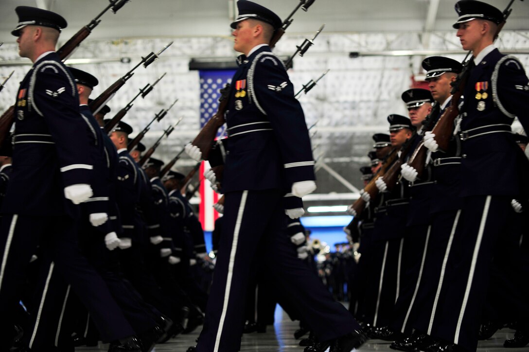 The U.S. Air Force Honor Guard Drill Team rehearses for the 57th Presidential Inaugural on Jan. 11, 2013 at Joint Base Andrews, Md. The Air Force will have more than 1,000 Airmen supporting inaugural events. (U.S. Air Force photo/ Airman 1st Class Erin O’Shea)