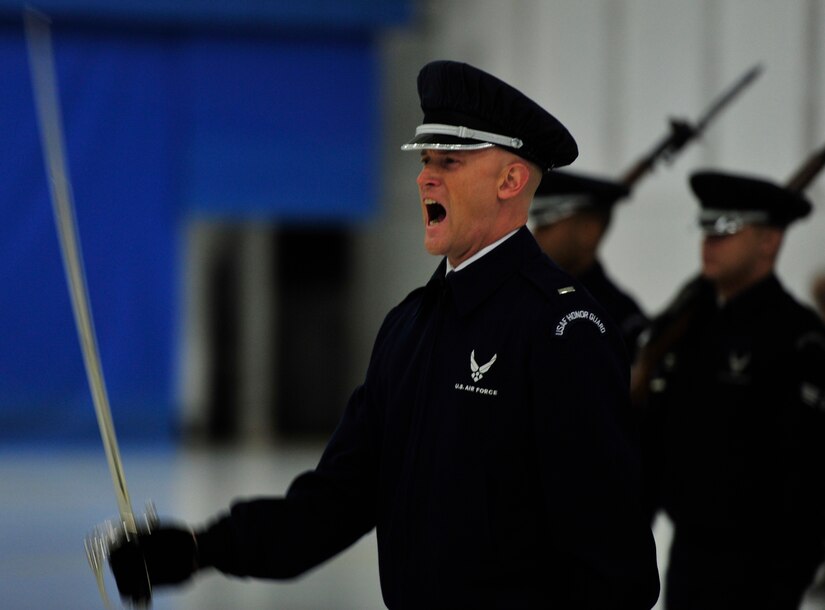 1st Lt. Michael Lemorie, U.S. Air Force Honor Guard Drill Team, flight commander rehearses for the 57th Presidential Inaugural Parade on Joint Base Andrews, Md. More than 350 members of Joint Base Andrews will be representing the Air Force during the Inauguration. (U.S. Air Force photo/ Airman 1st Class Erin O’Shea)