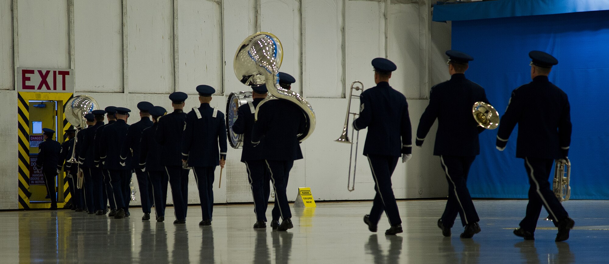 The U.S. Air Force Honor Guard exits Hanger 3 after practicing for the 57th Presidential Inaugural Parade Jan. 10, 2013  at Joint Base Andrews, Md. Approximately 15,000 military personnel from 133 units will be participating in the parade on January 21, 2013. (U.S. Air Force Photo/SSgt Perry Aston)