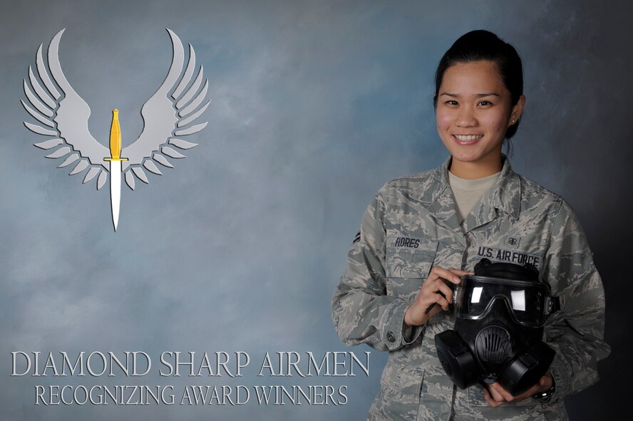 U.S. Air Force Airman 1st Class Alyssa May Flores, 27th Special Operations Aerospace Medical Squadron Bioenvironmental Engineering technician, poses for her personality portrait at Cannon Air Force Base, N.M., Jan. 7, 2013. Flores was recently awarded the Diamond Sharp award which is part of a monthly program that allows wing leadership and first sergeants to commend Airmen for their hard work and achievements. (U.S. Air Force illustration/Senior Airman Alexxis Pons Abascal)