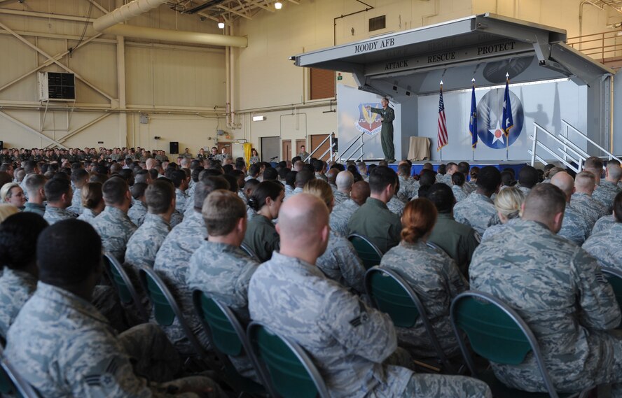 Members of Team Moody listen to U.S. Air Force Gen. Mike Hostage, commander of Air Combat Command, during an all-call at Moody Air Force Base, Ga., Jan. 8, 2012. Hostage visited for the first time to get a better understanding of Moody’s mission capabilities and spoke about current and future Air Force priorities. (U.S. Air Force photo by Airman 1st Class Olivia Bumpers/Released)