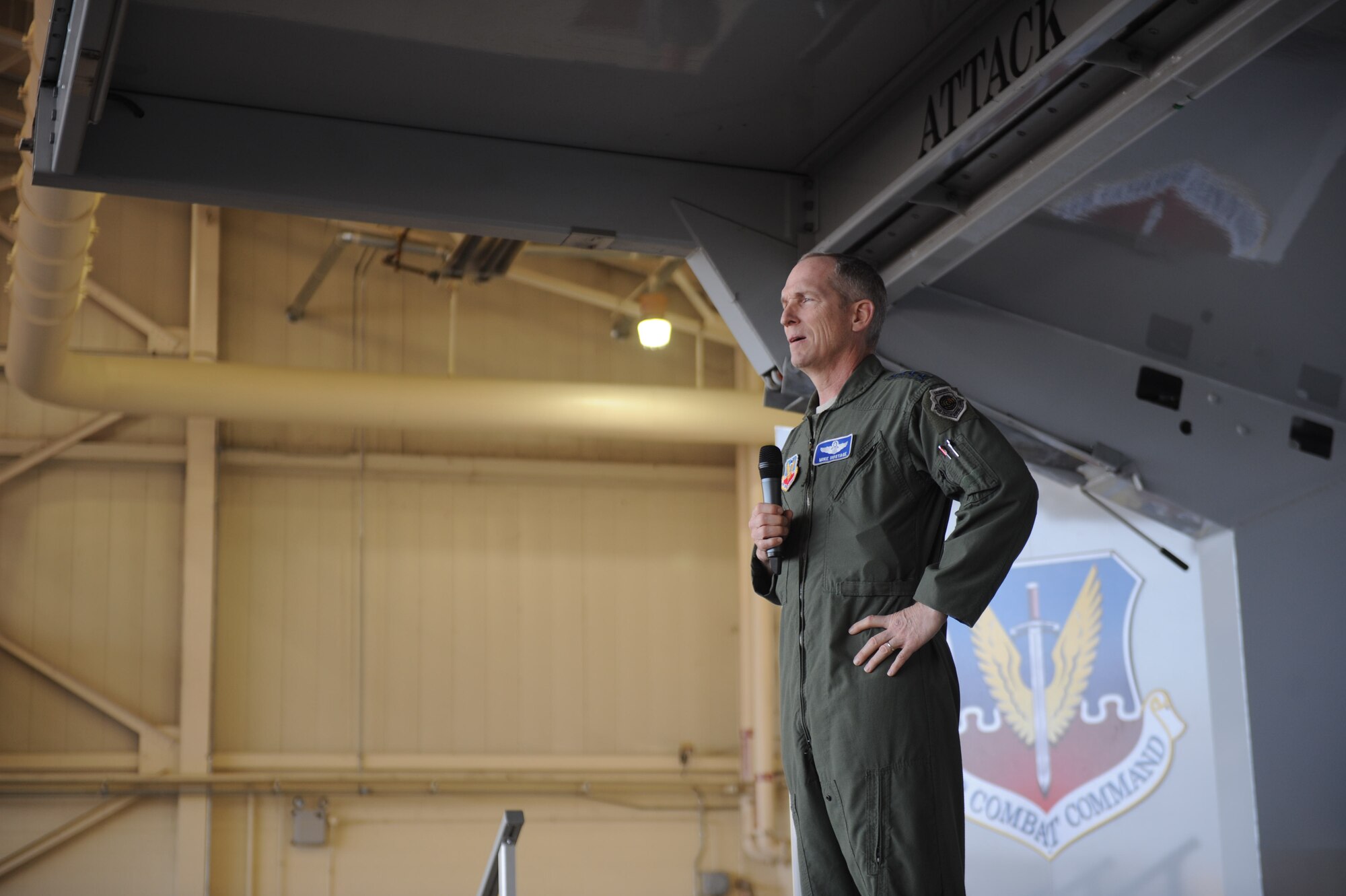 U.S. Air Force Gen. Mike Hostage, commander of Air Combat Command, addresses the Airmen of Moody Air Force Base, Ga., during an all-call Jan. 8, 2012. Hostage spoke about current Air Force priorities and future plans. (U.S. Air Force photo by Airman 1st Class Olivia Bumpers/Released)