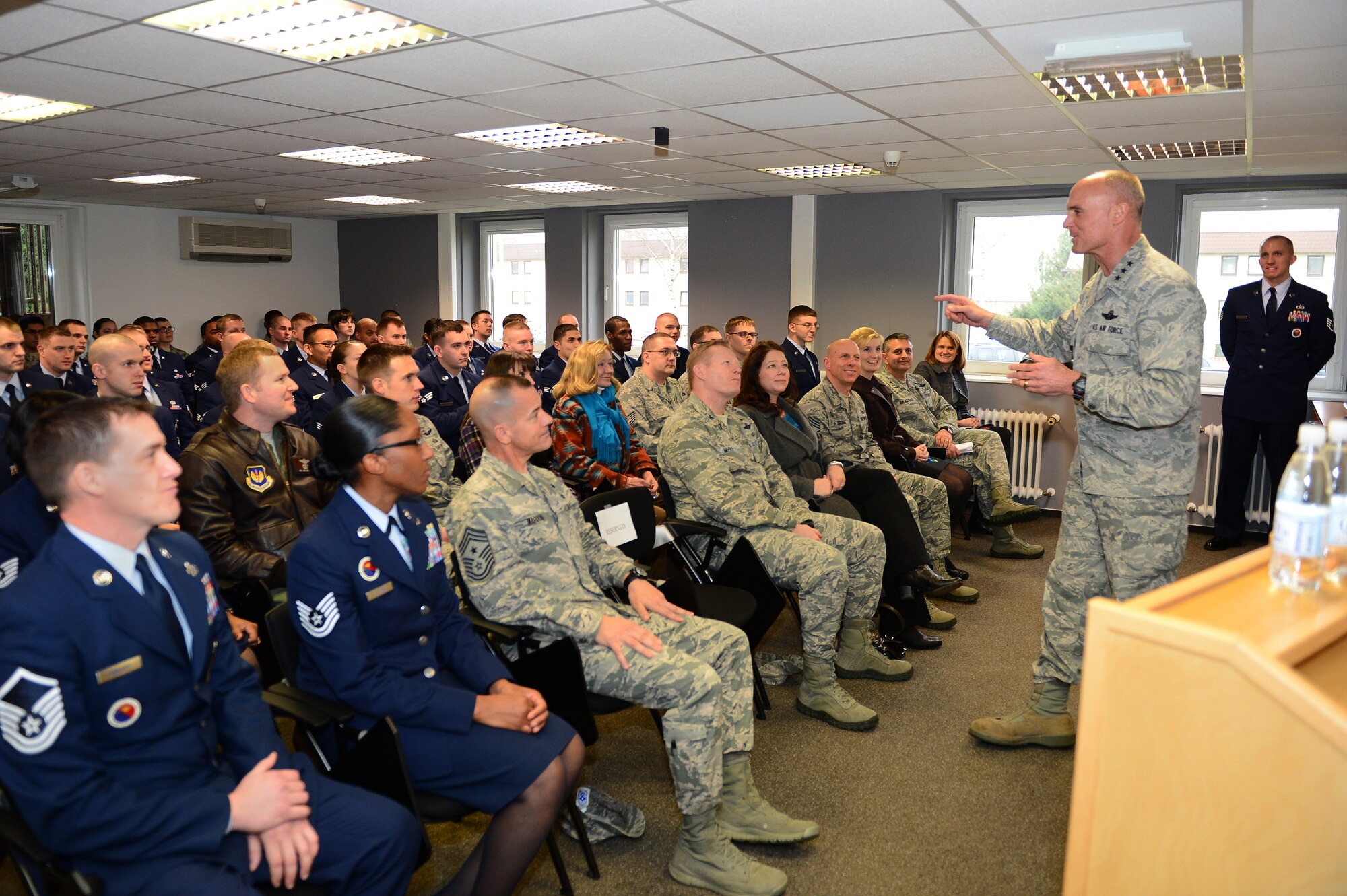 SPANGDAHLEM AIR BASE, Germany – U.S. Air Force Lt. Gen. Craig A. Franklin, 3rd Air Force commander, speaks with Airmen from the Pitsenbarger Airman Leadership School and First Term Airmen Center during a visit to Spangdahlem, Jan. 10, 2013. Franklin encouraged the Airmen to become future leaders of the Air Force and reminded them that they are all responsible for the future of the force. (U.S. Air Force photo by Airman 1st Class Dillon Davis/Released)